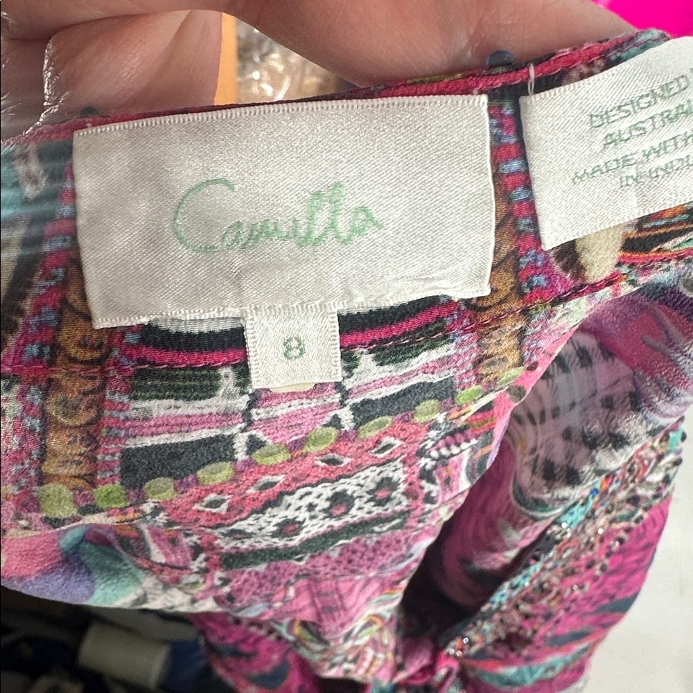 Camilla Desert Discotheque silk blouse lace-up heavily embellished boho sz 8 - Picture 7 of 13